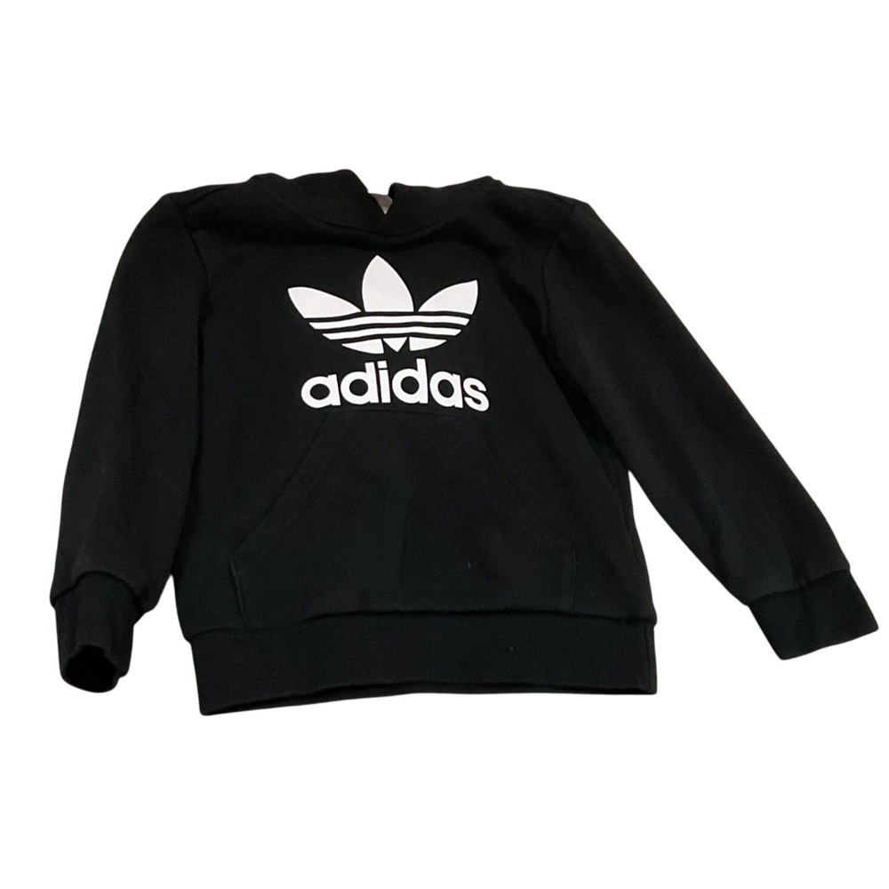 Adidas Trefoil Hoodie Kids 5-6Y XS Black Graphic Logo Pullover Sweatshirt